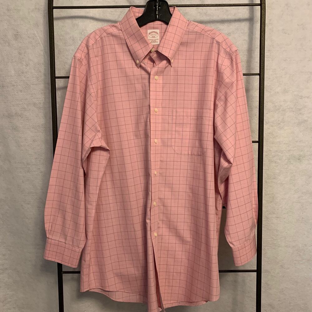 Brooks Brothers Button Down Dress Shirt Pink Plaid‎ Size 16-2/3